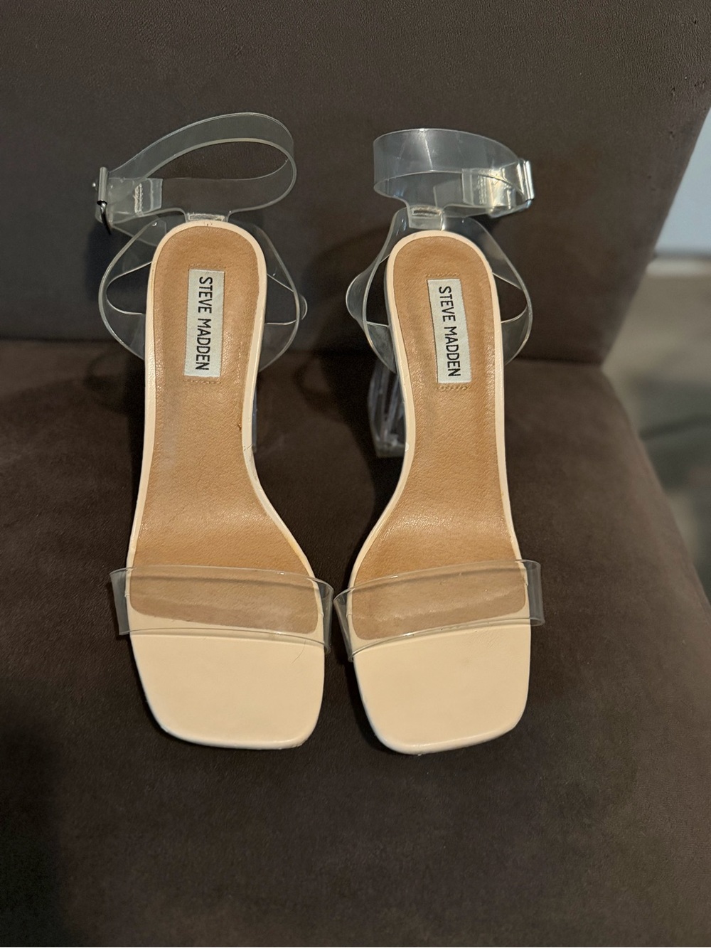 Steve Madden Clear-Strap Block Heel Sandals in Nude/Transparent